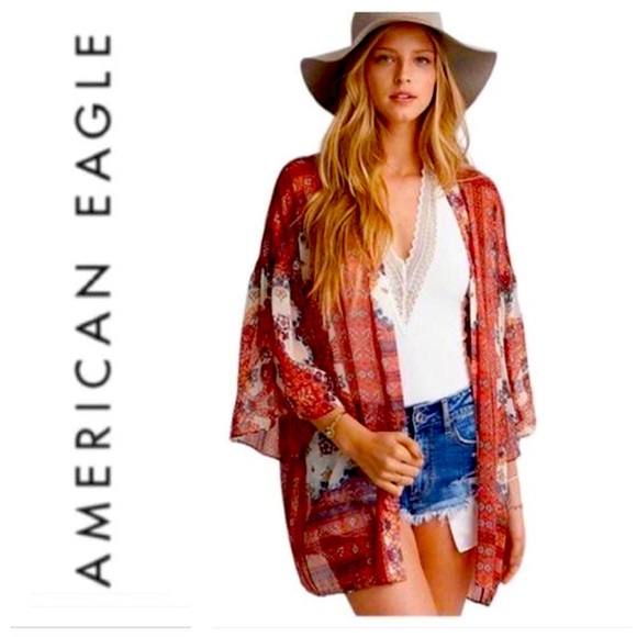 SOLD // AEO Wide Sleeve Sheer Boho Hippie Kimono - Picture 1 of 4